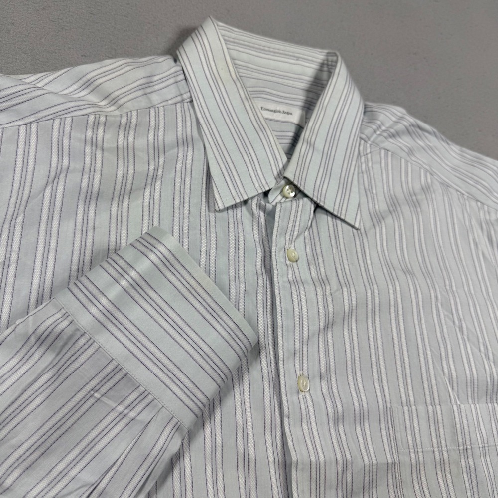 Ermenegildo Zegna Mens Blue White Purple Striped Cotton Dress Shirt 17.5 44